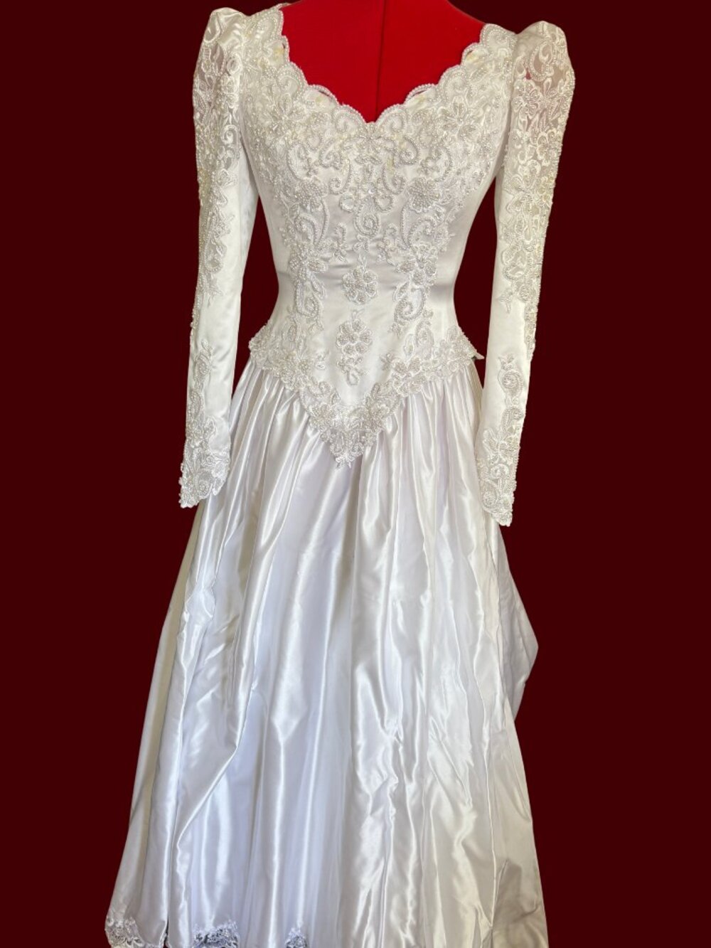 Vintage Michelanglo Beaded Wedding Dress with sleeves. Long Train.